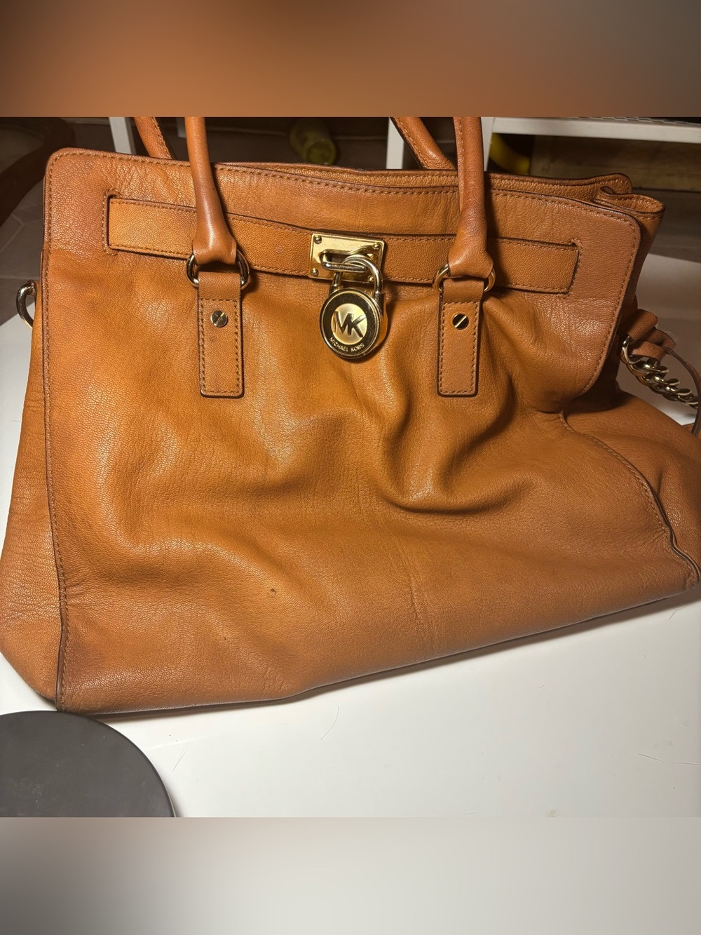Michael Kors Cognac Leather Tote with Gold-Tone Lock
